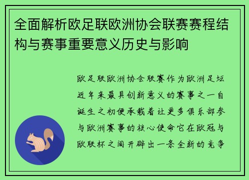 全面解析欧足联欧洲协会联赛赛程结构与赛事重要意义历史与影响